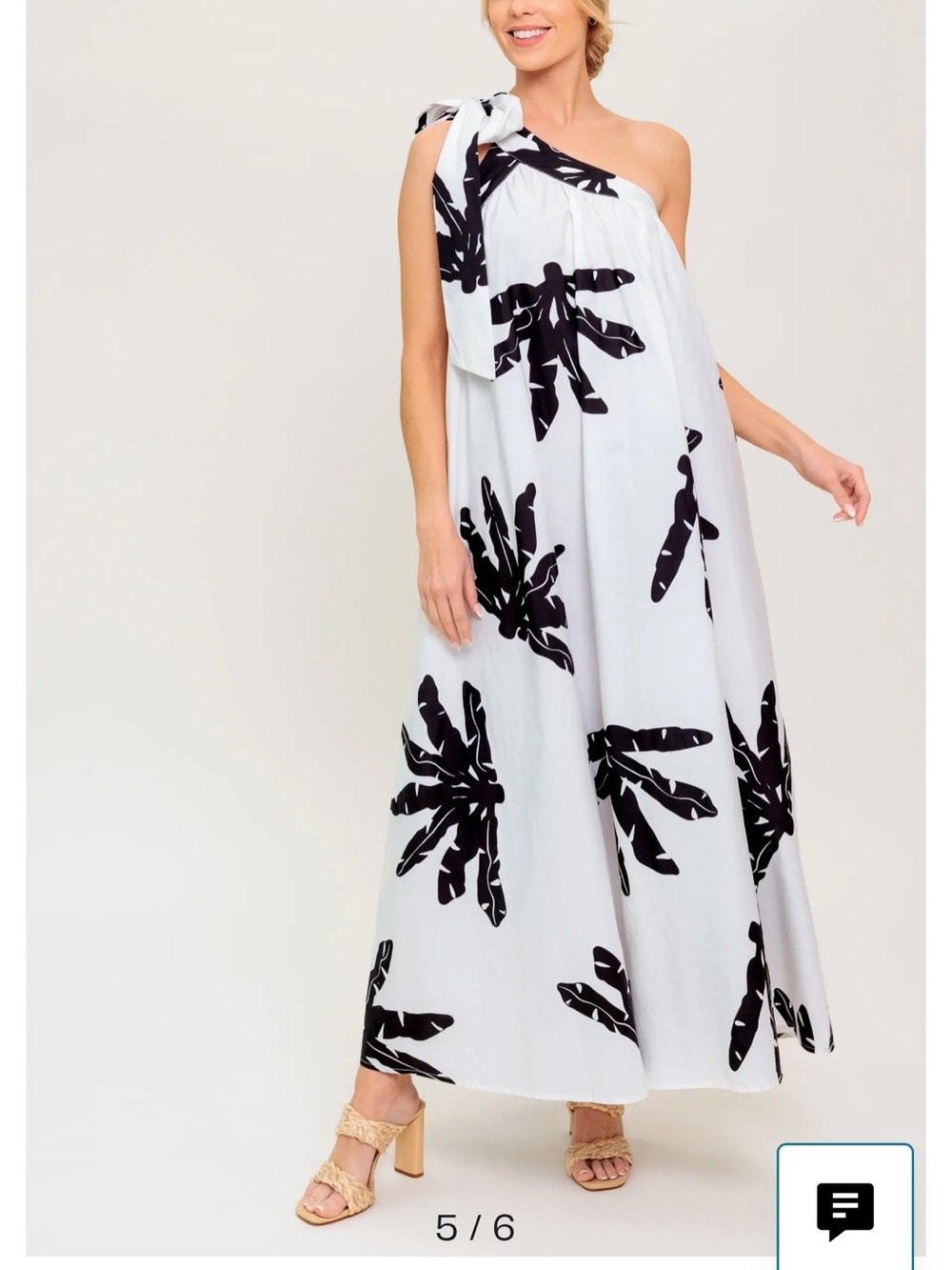 Flying Tomato One-Shoulder White Maxi Dress with Black Tropical Motif